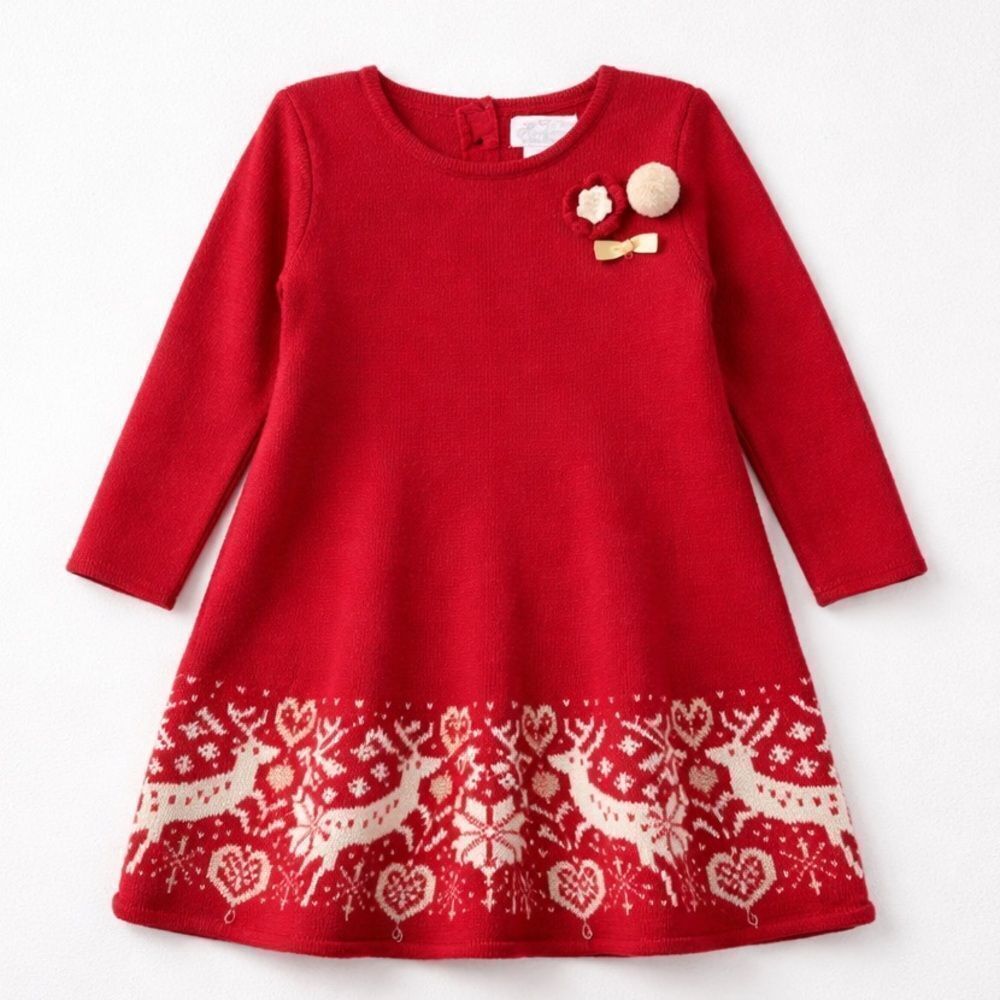 Heirlooms by Polly Flanders Red long sleeve sweater dress with reindeer accents